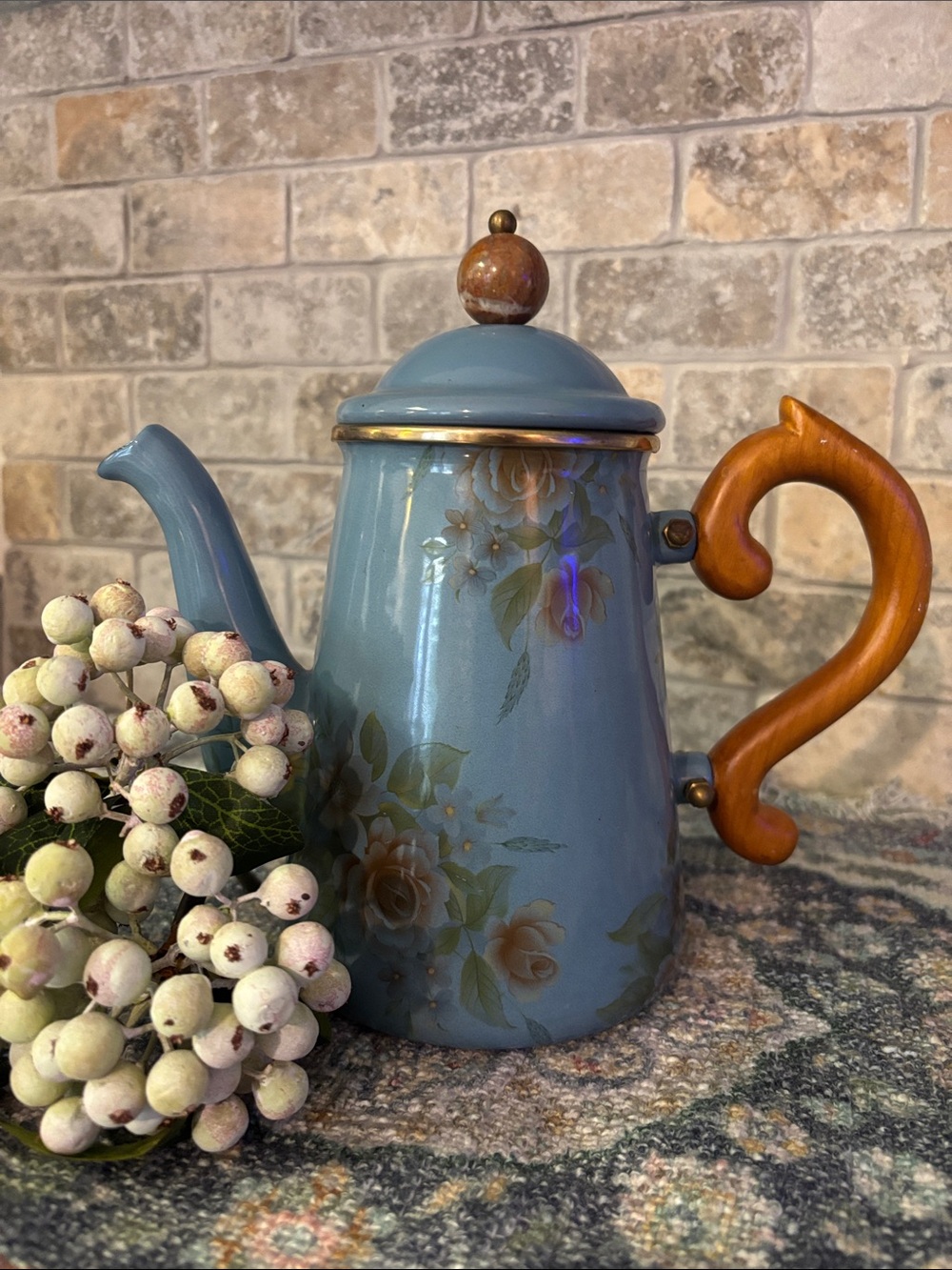 Camp Mackenzie-Childs enamel Blue Floral Teapot with decorative  wooden handle.